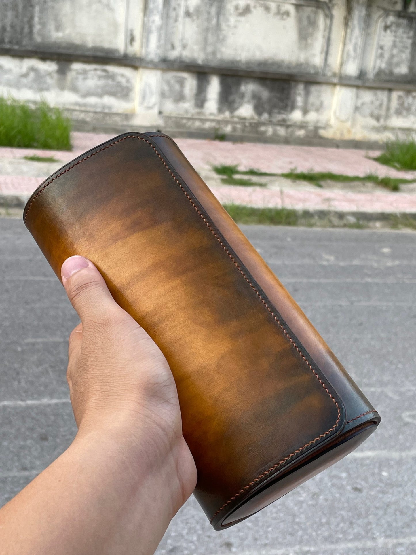 Brown hand dyed patina leather watch roll HDWR08