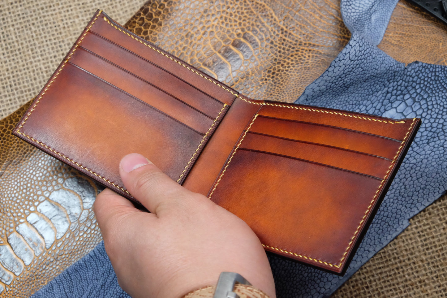 Brown hand dyed patina veg leather wallet HDWA54