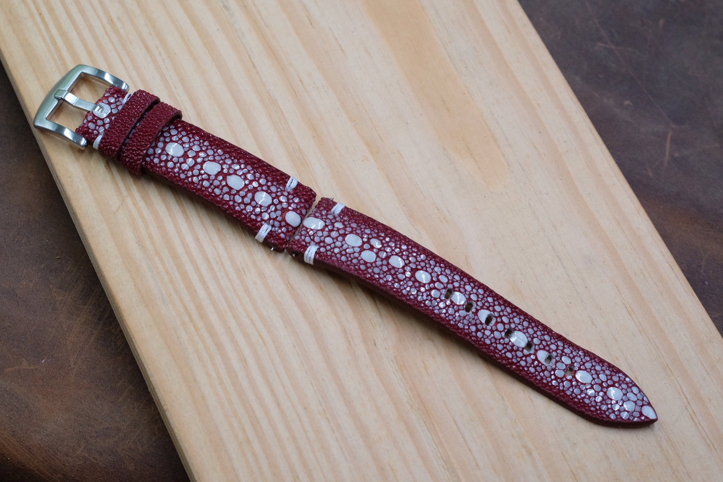 Burgundy red row stone stingray leather watch strap HDST121