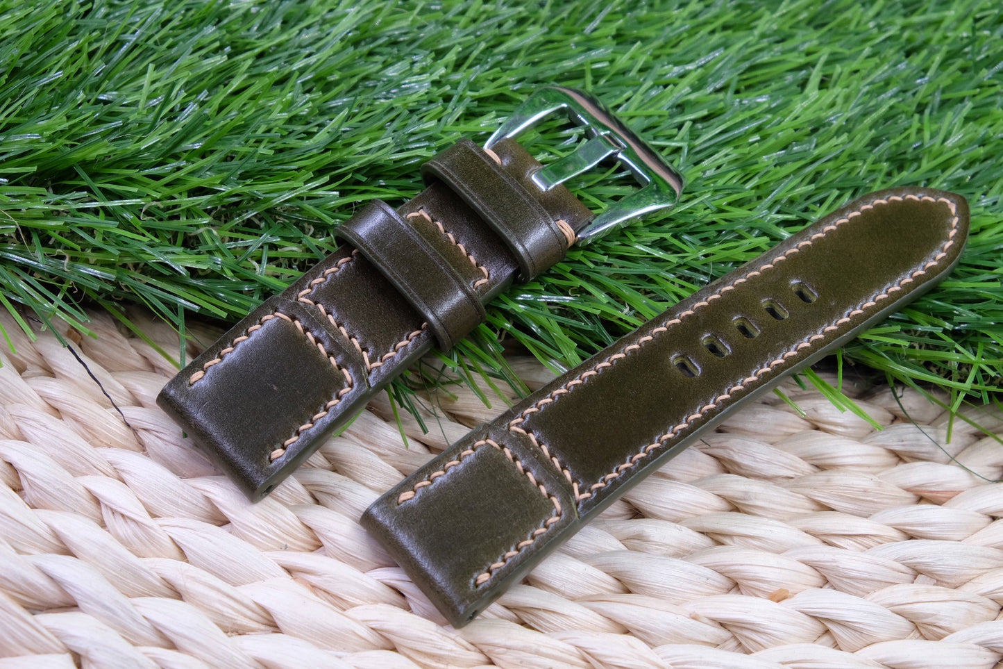 Custom Olive green shinki hikaku shell cordovan leather watch strap HDSC07