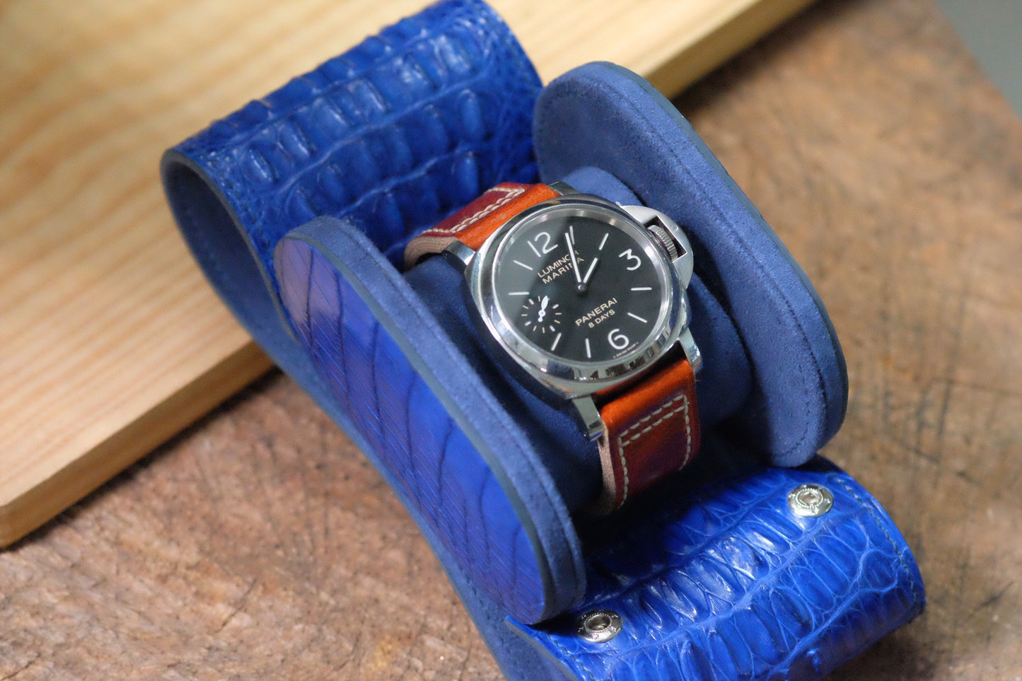 Custom blue hornback crocodile leather single travel watch roll HDWR17