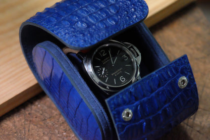 Custom blue hornback crocodile leather single travel watch roll HDWR17