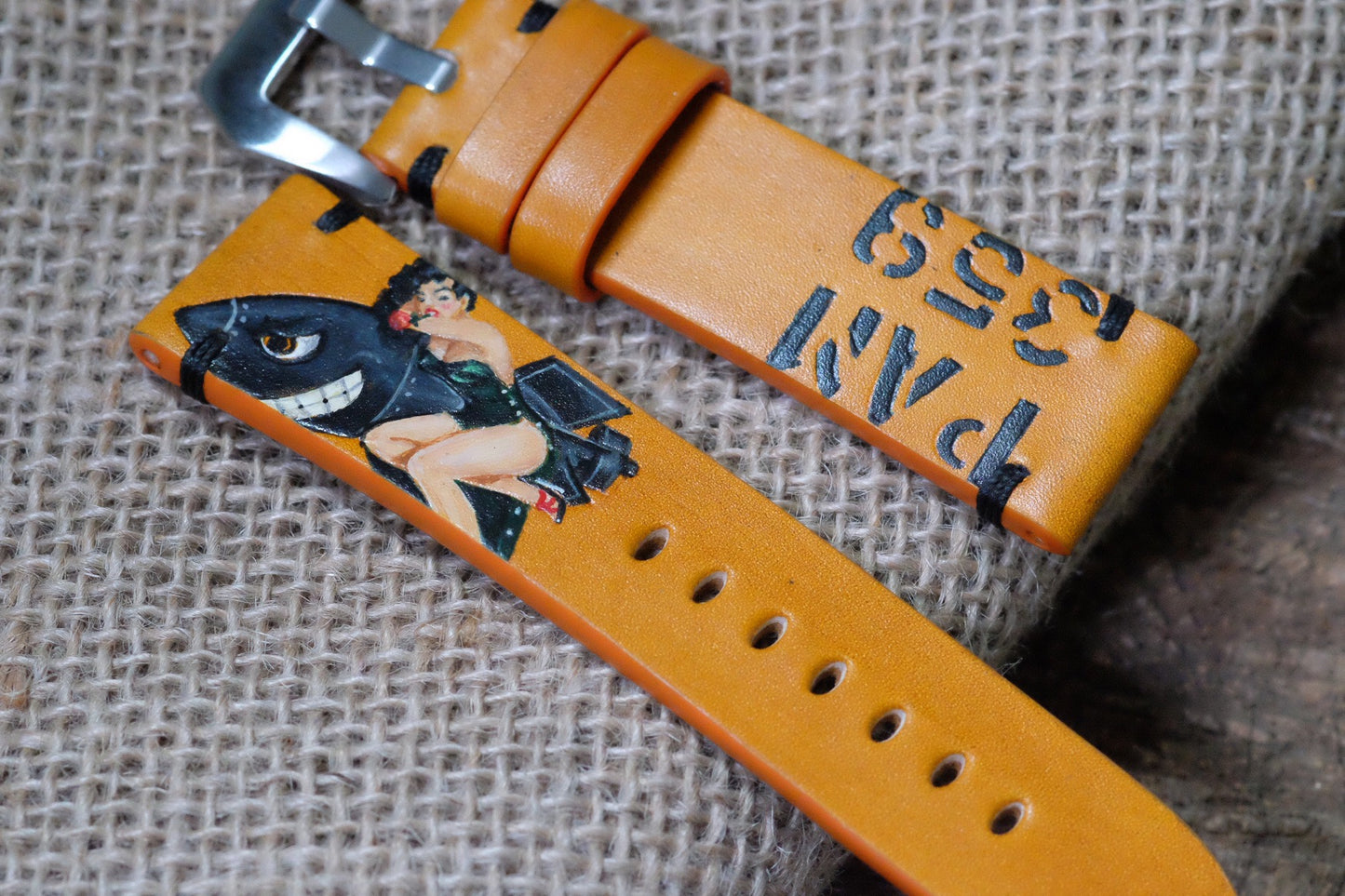 Custom handpainted rocket girl leather watch strap HDCLE80