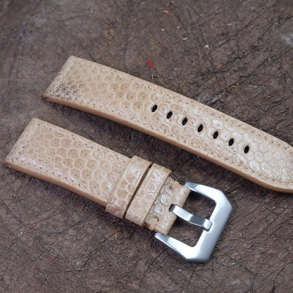 Custom made cream sea snake skin leather watch strap with orange stitching HDSS07