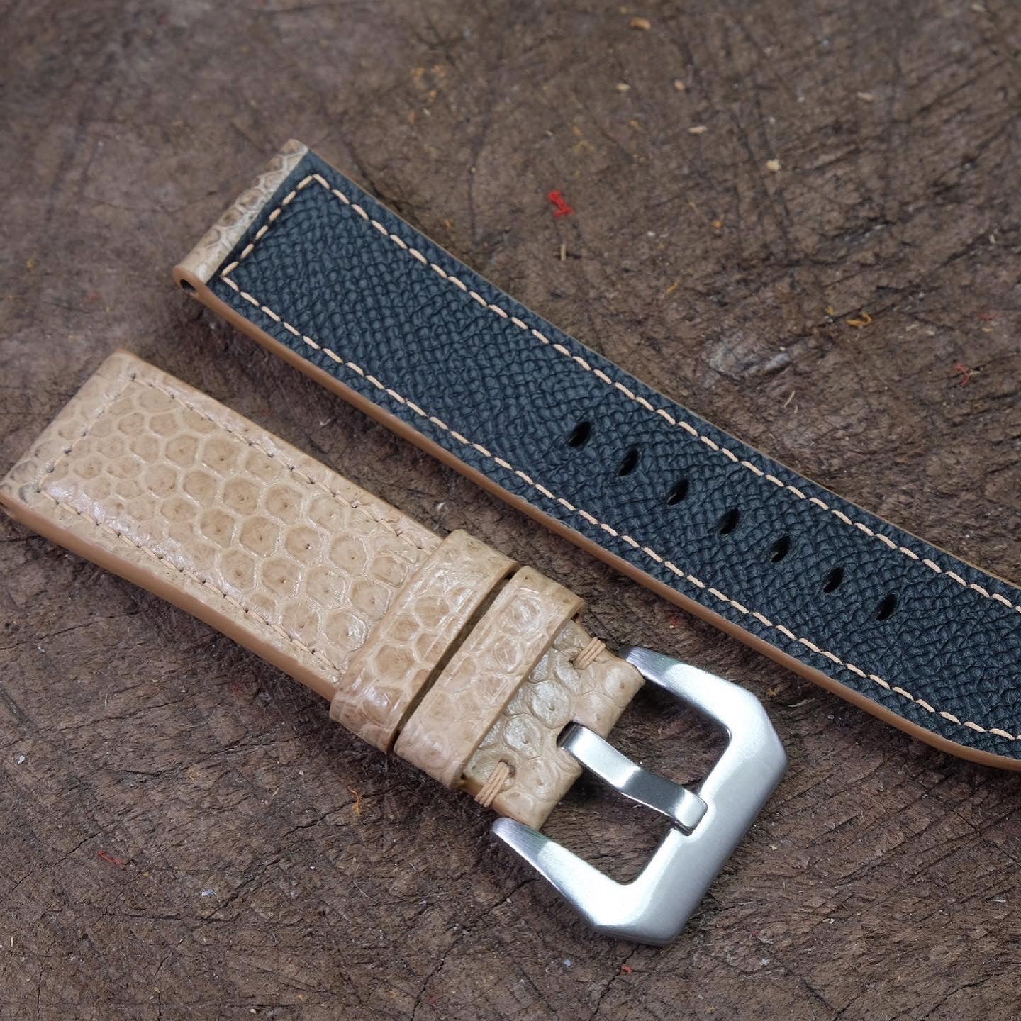 Custom made cream sea snake skin leather watch strap with orange stitching HDSS07