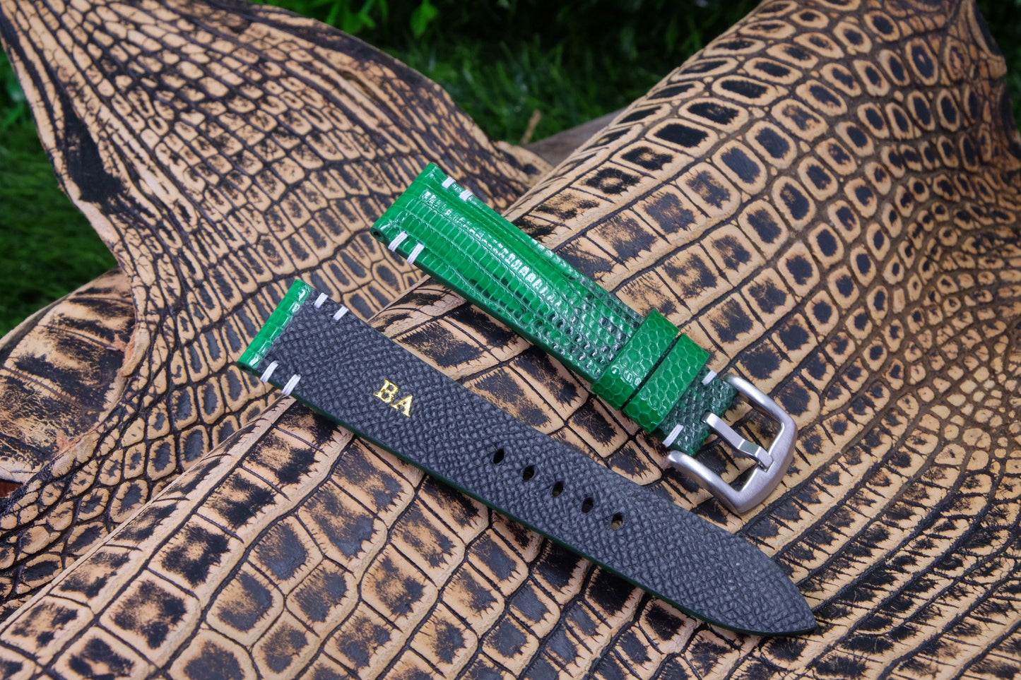 Custom made green lizard leather watch strap HDLZ31