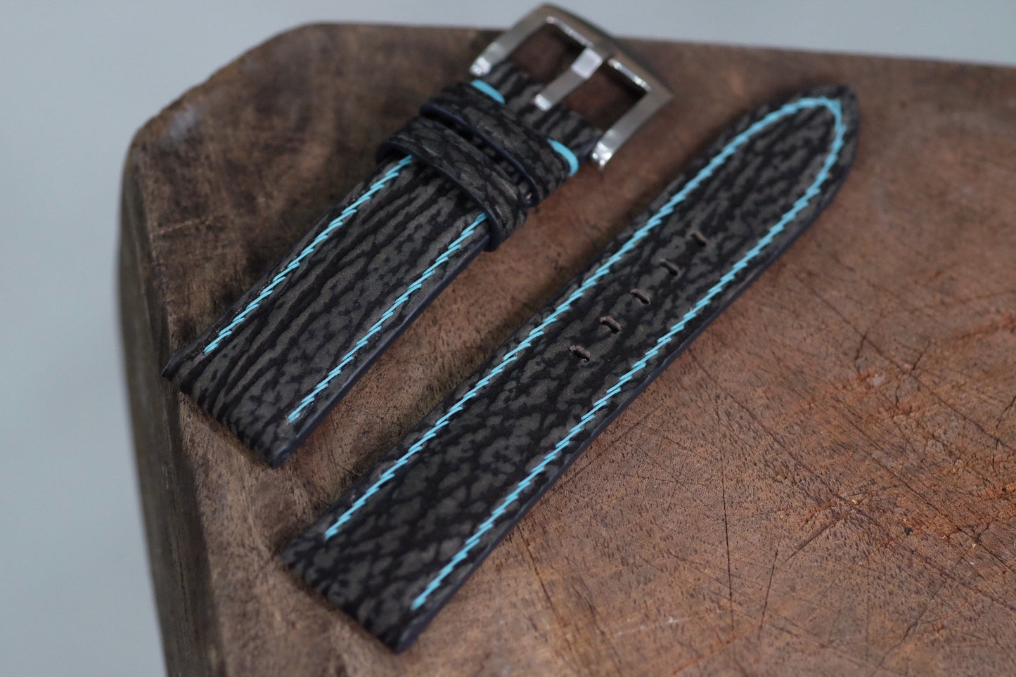 Custom made grey nubuck shark skin leather watch strap with baby blue stitching HDSH23