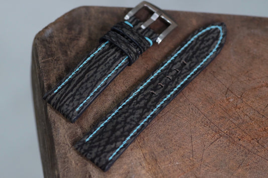 Custom made grey nubuck shark skin leather watch strap with baby blue stitching HDSH23