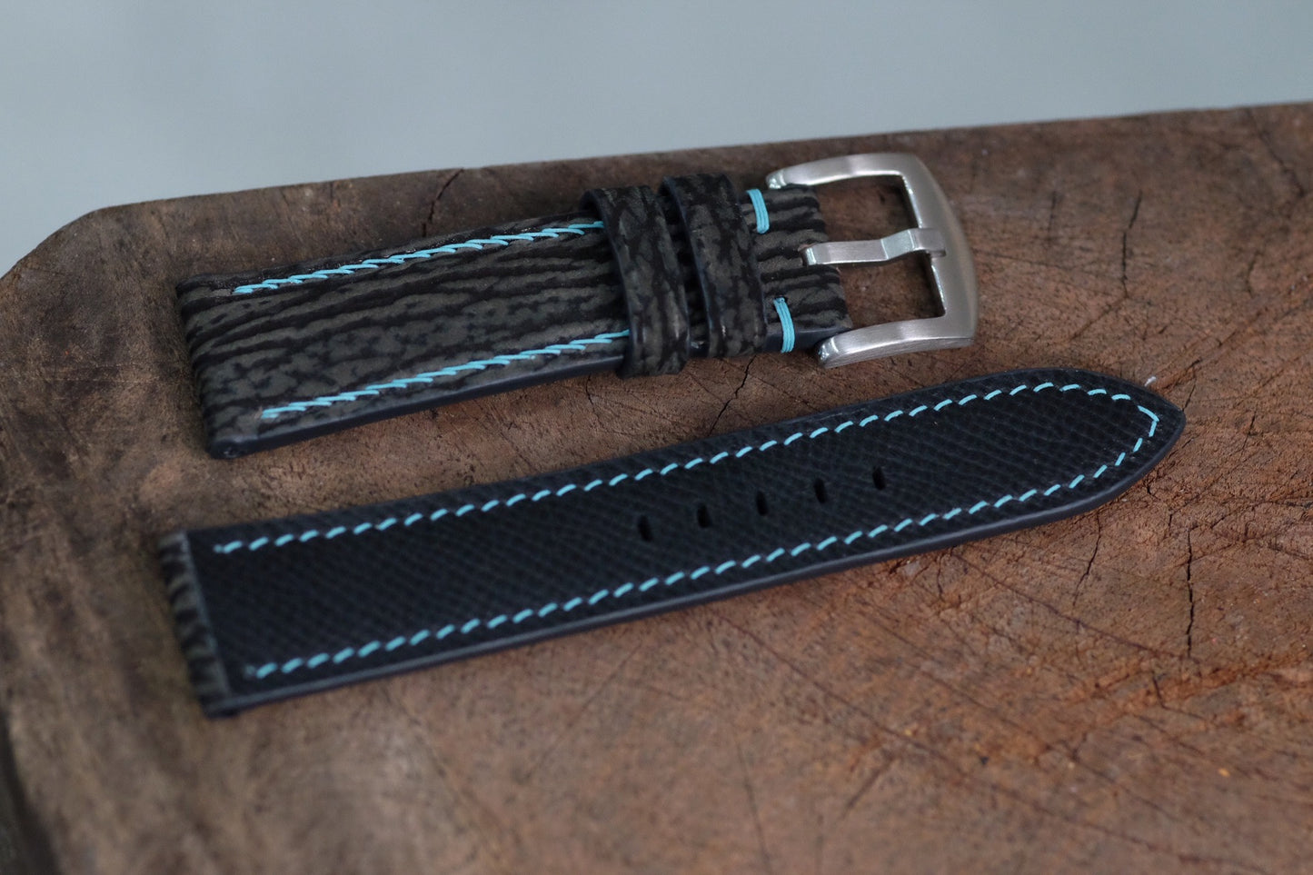 Custom made grey nubuck shark skin leather watch strap with baby blue stitching HDSH23