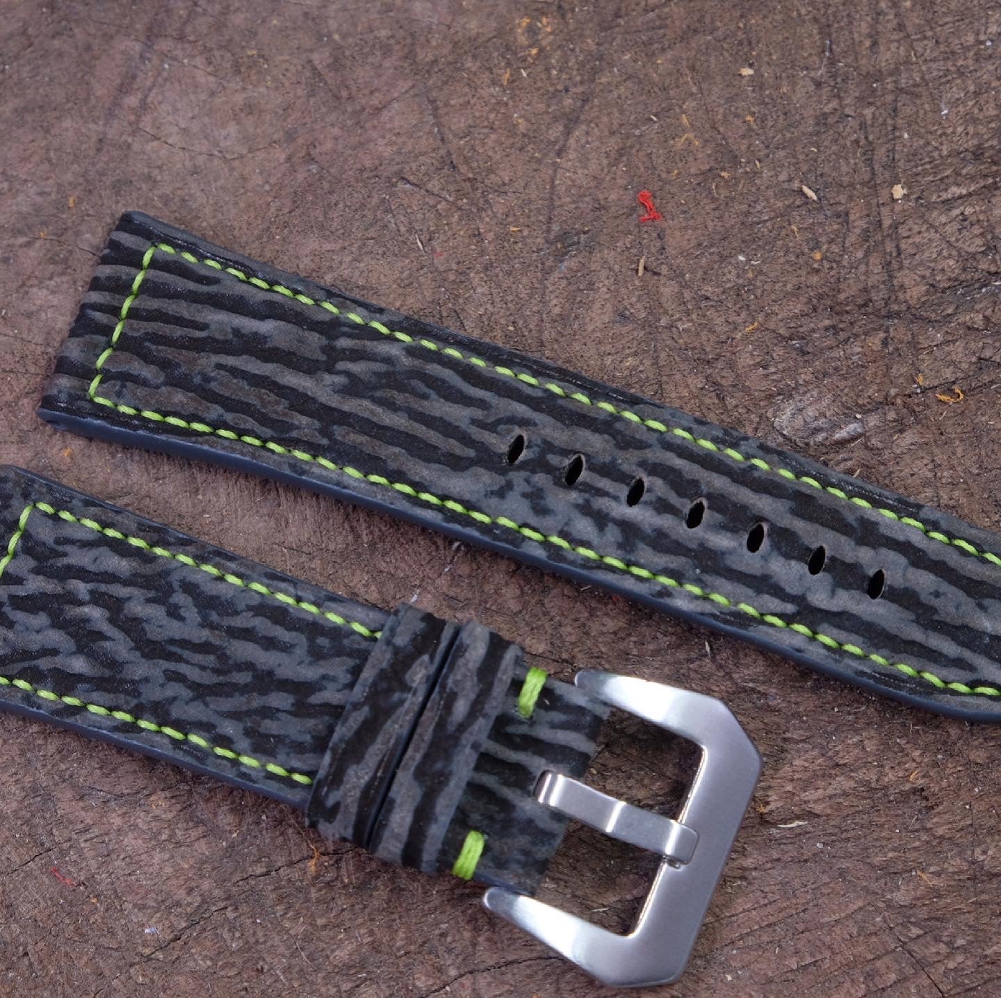 Custom made grey nubuck shark skin leather watch strap with lime green stitching HDSH14