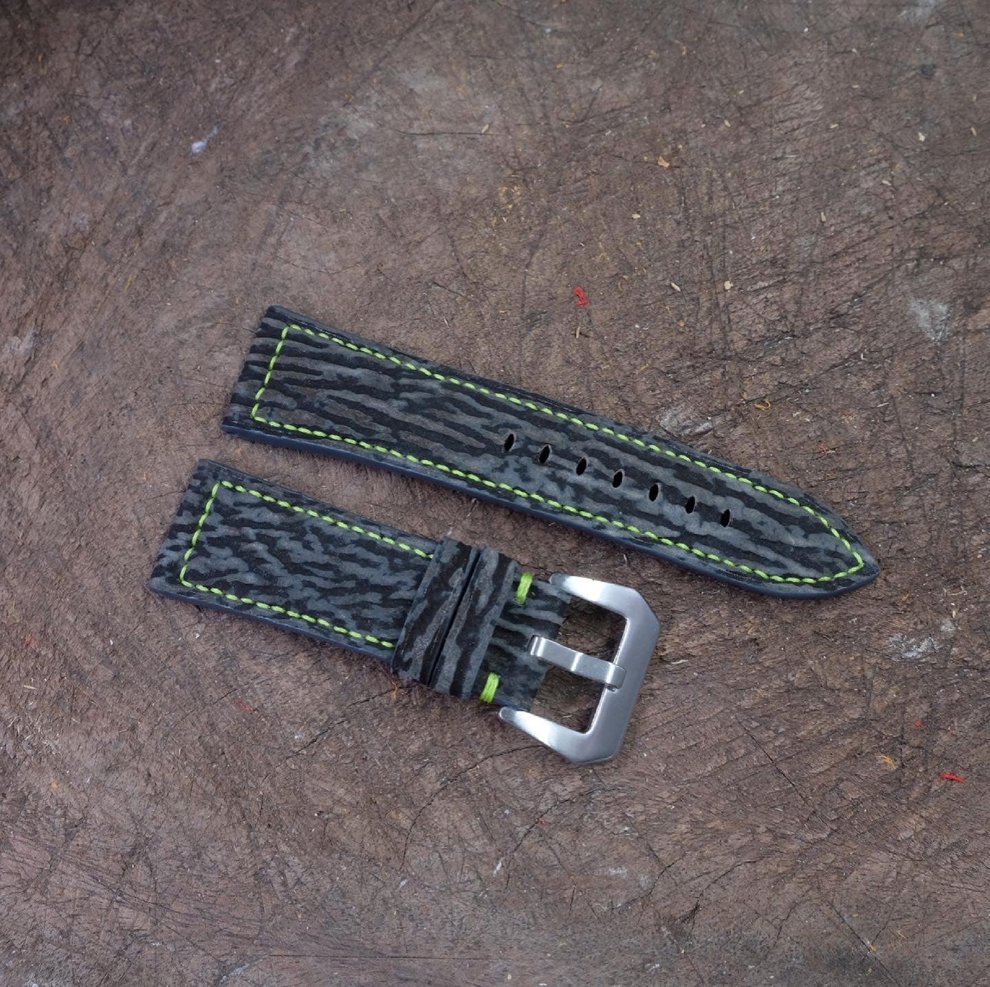 Custom made grey nubuck shark skin leather watch strap with lime green stitching HDSH14