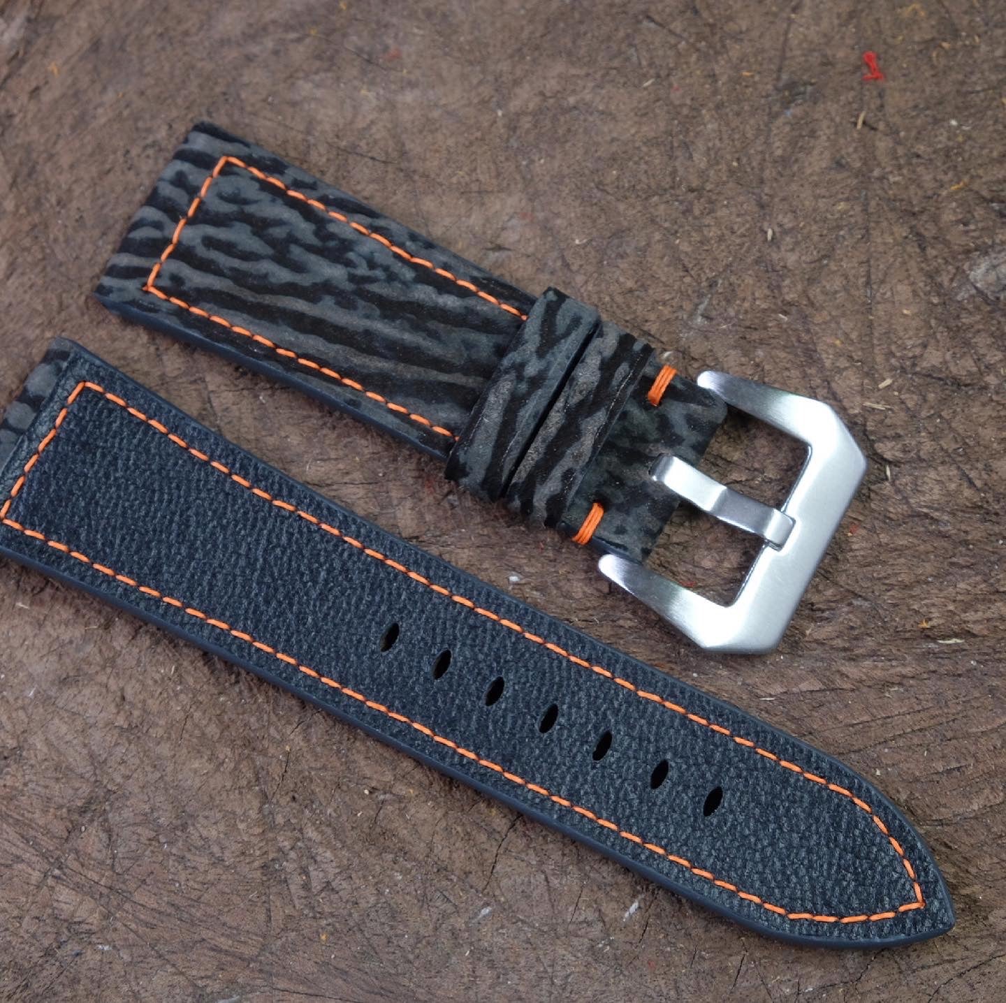 Custom made grey nubuck shark skin leather watch strap with orange stitching HDSH13