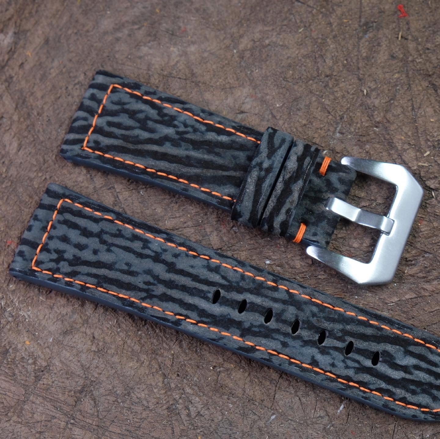 Custom made grey nubuck shark skin leather watch strap with orange stitching HDSH13