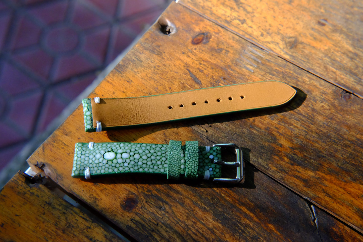 BESPOKE GENUINE DOUBLE PEARL GREEN STINGRAY LEATHER WATCH STRAP HDST53