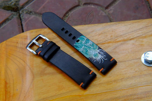 BESPOKE GENUINE BLACK CARVED COW LEATHER WATCH STRAP HDLE43