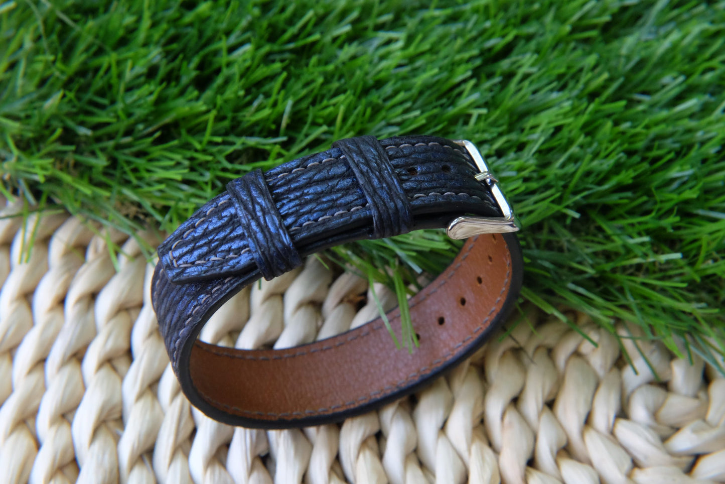 BESPOKE GENUINE NAVY BLUE SHARK SKIN LEATHER ONE PIECE WATCH STRAP HDSH10