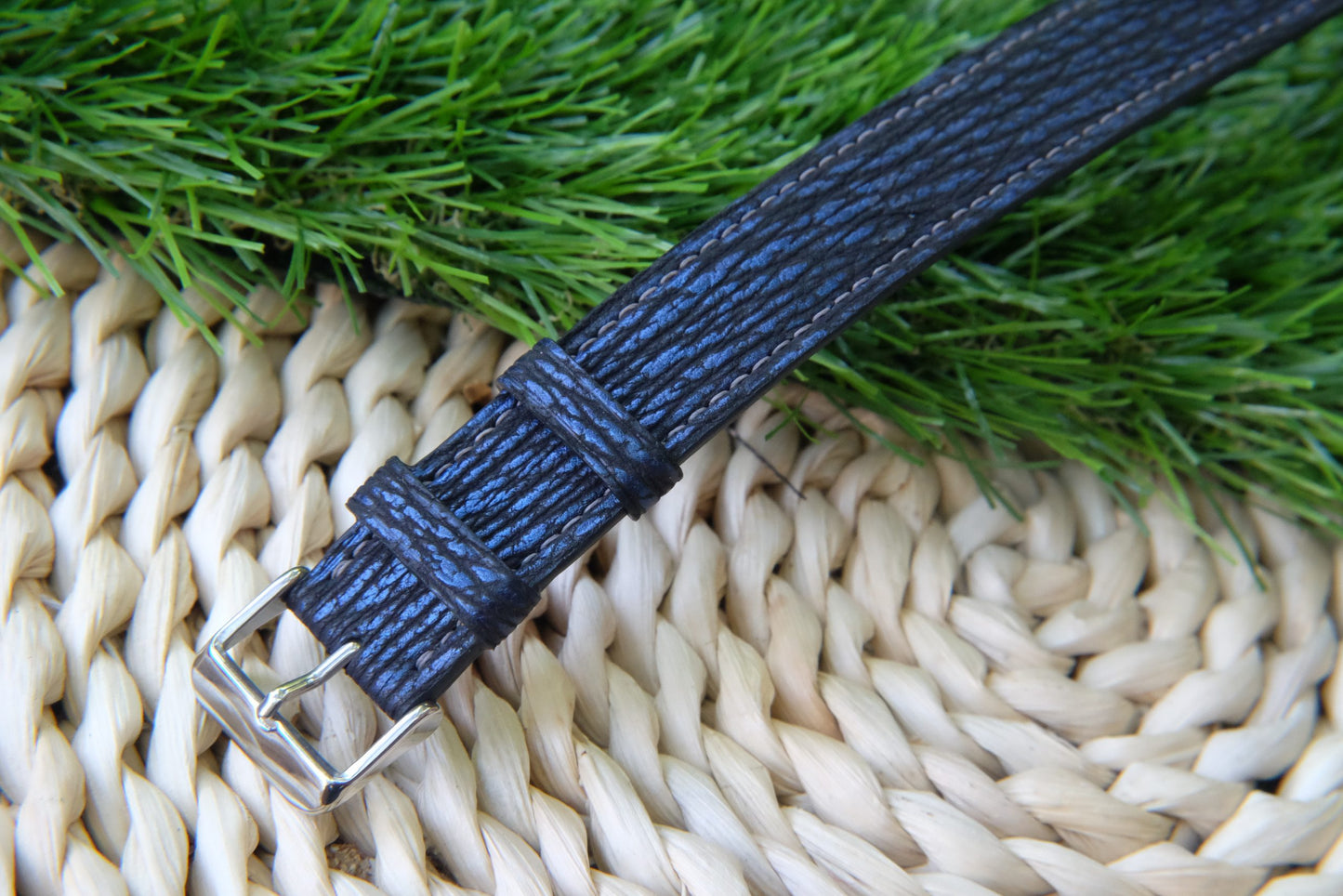 BESPOKE GENUINE NAVY BLUE SHARK SKIN LEATHER ONE PIECE WATCH STRAP HDSH10