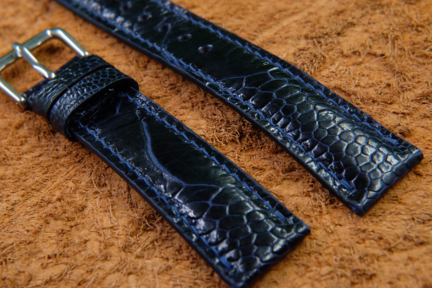 BESPOKE GENUINE  NAVY BLUE KLEIN KAROO OSTRICH LEG SKIN LEATHER STRAP HDOL40