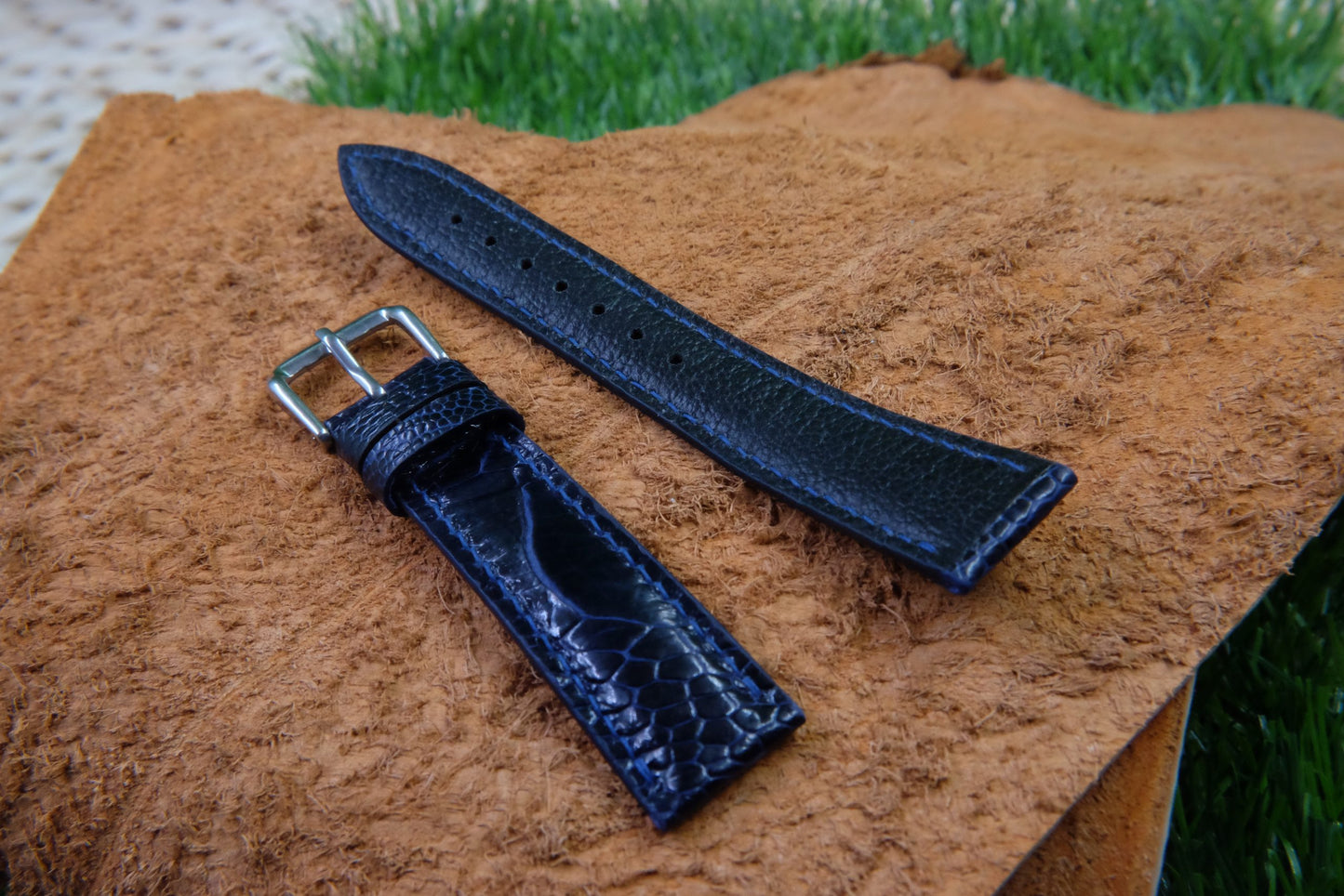 BESPOKE GENUINE  NAVY BLUE KLEIN KAROO OSTRICH LEG SKIN LEATHER STRAP HDOL40