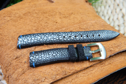 BESPOKE GENUINE ROW STONE BLACK STINGRAY LEATHER WATCH STRAP HDST44