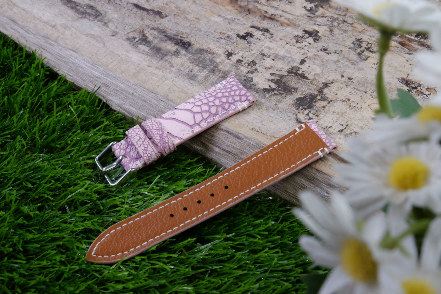 BESPOKE GENUINE STONE WASHED PINK KLEIN KAROO OSTRICH LEG SKIN LEATHER STRAP HDOL35