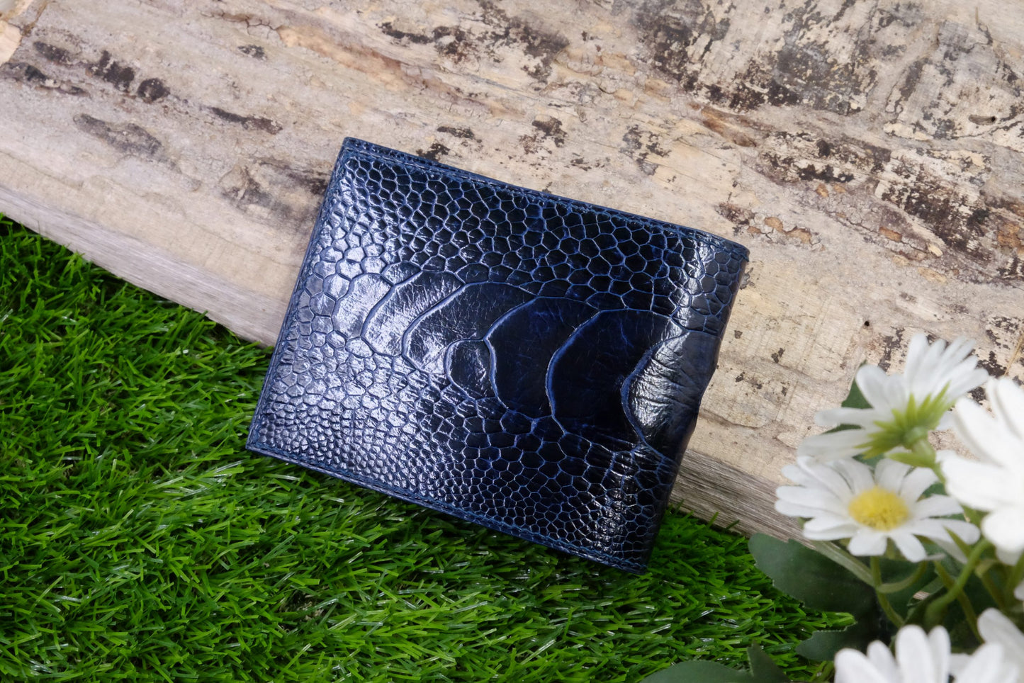 BESPOKE GENUINE NAVY BLUE OSTRICH BIFOLD MAN WALLET HDWAOS01