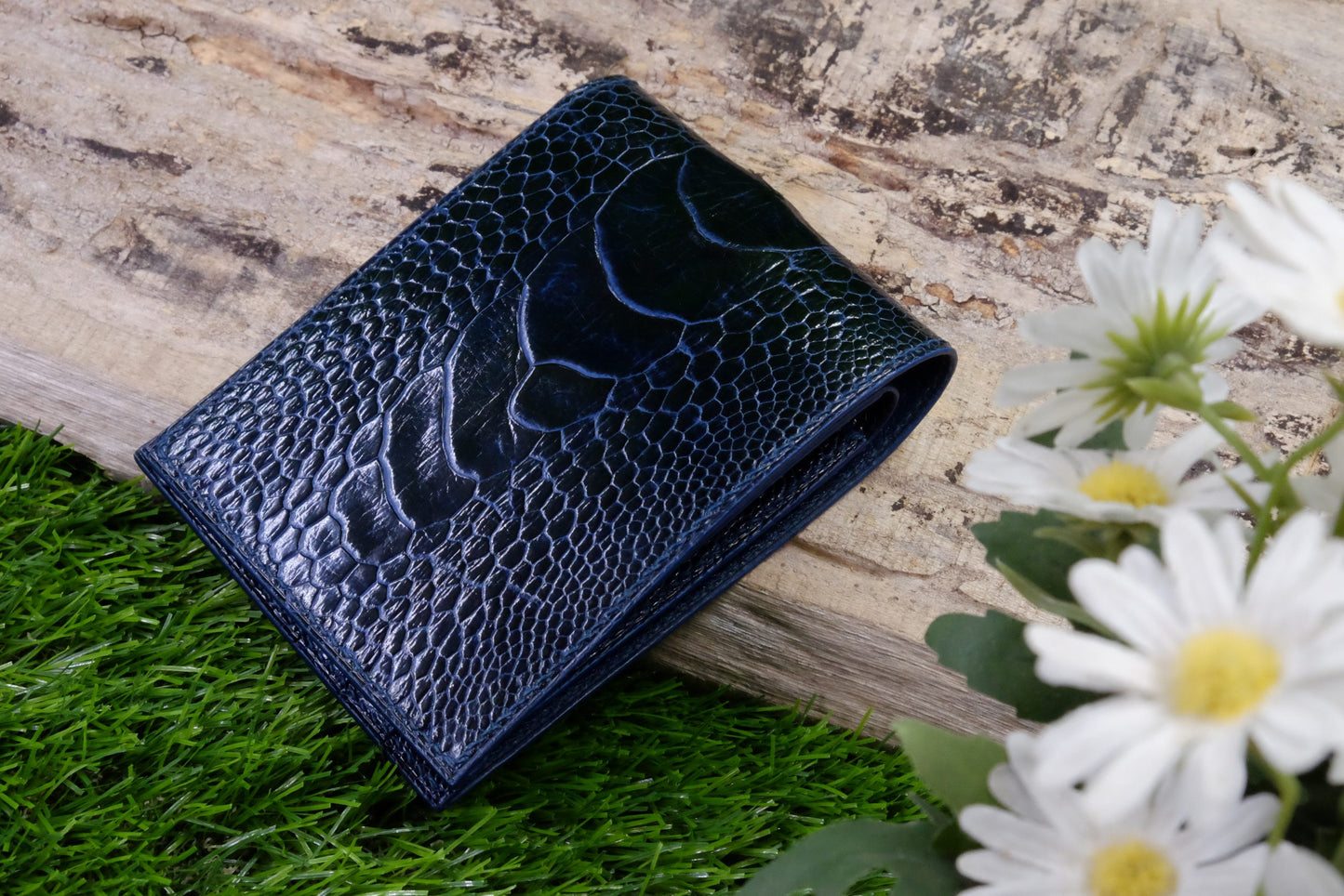 BESPOKE GENUINE NAVY BLUE OSTRICH BIFOLD MAN WALLET HDWAOS01