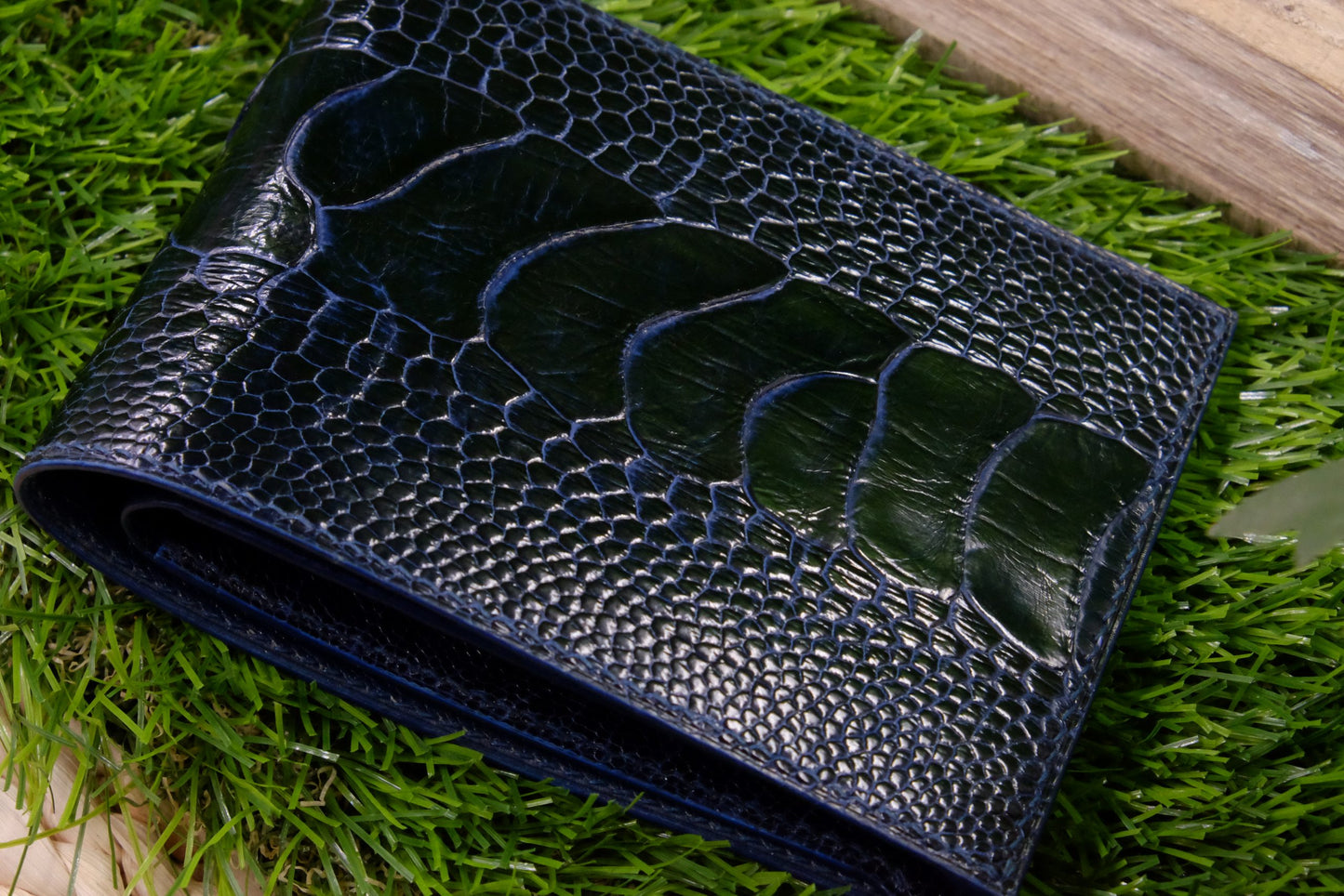 BESPOKE GENUINE NAVY BLUE OSTRICH BIFOLD MAN WALLET HDWAOS01