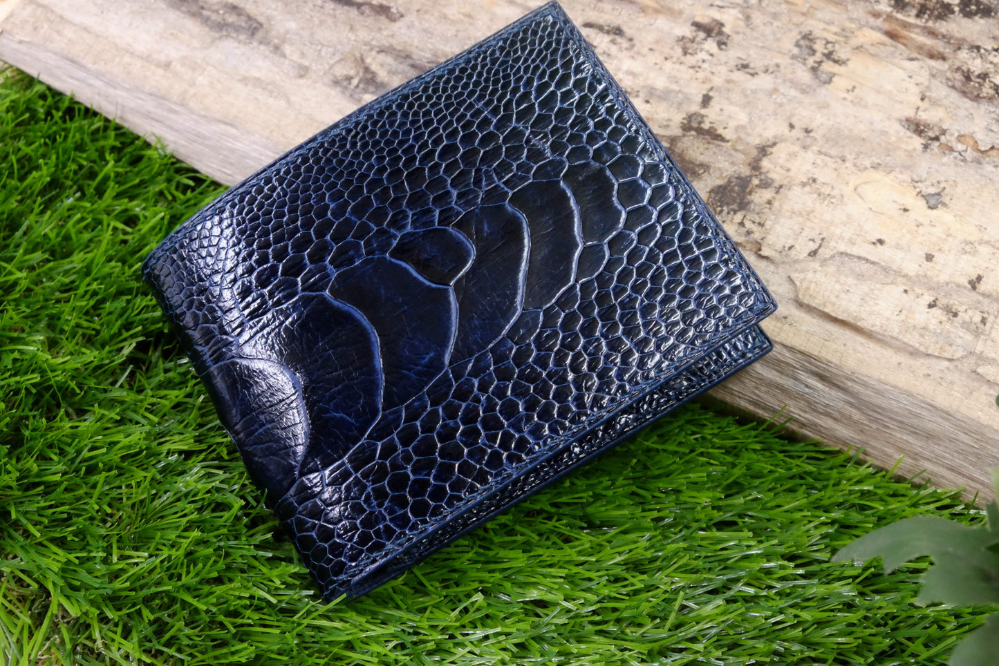 BESPOKE GENUINE NAVY BLUE OSTRICH BIFOLD MAN WALLET HDWAOS01