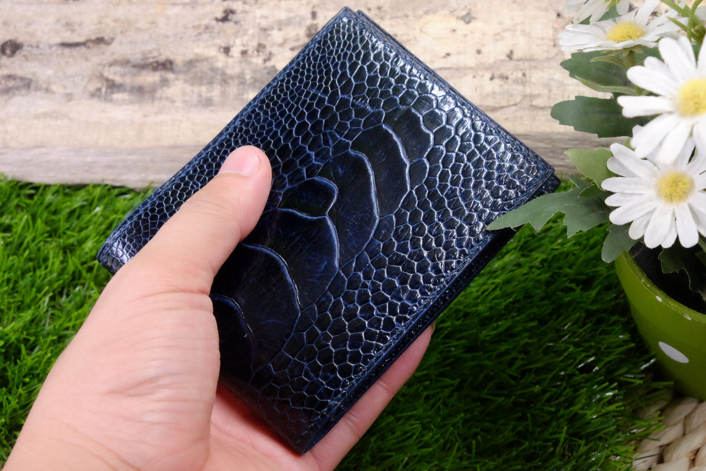 BESPOKE GENUINE NAVY BLUE OSTRICH BIFOLD MAN WALLET HDWAOS01