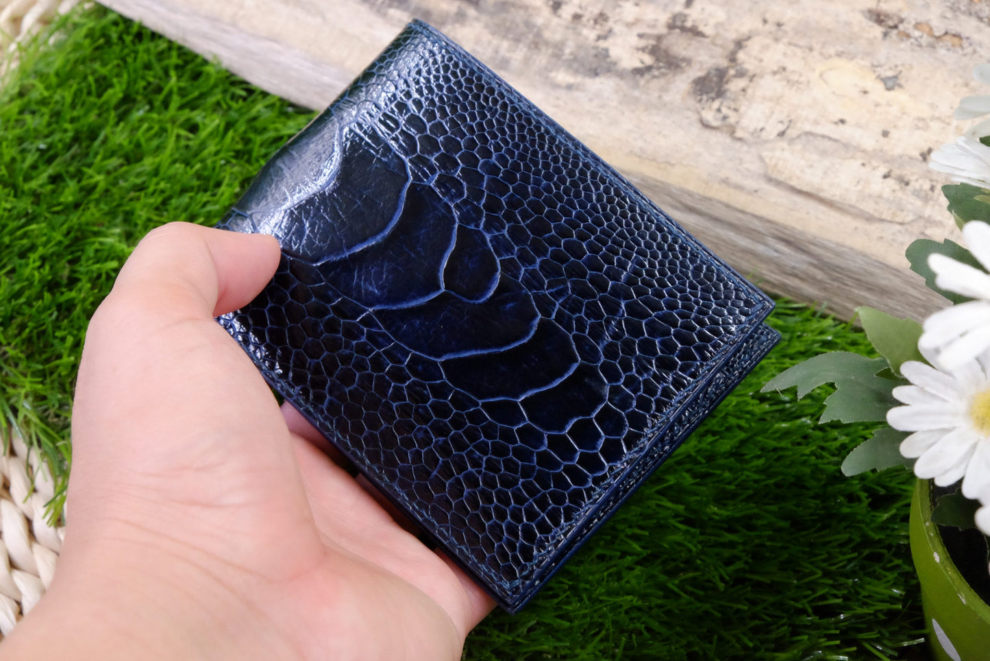 BESPOKE GENUINE NAVY BLUE OSTRICH BIFOLD MAN WALLET HDWAOS01