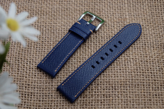 Dark blue epsom leather strap with gold stitching HDEP02