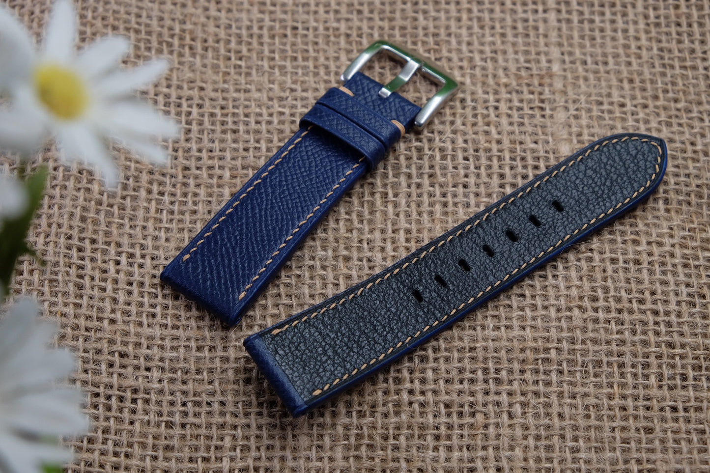 Dark blue epsom leather strap with gold stitching HDEP02