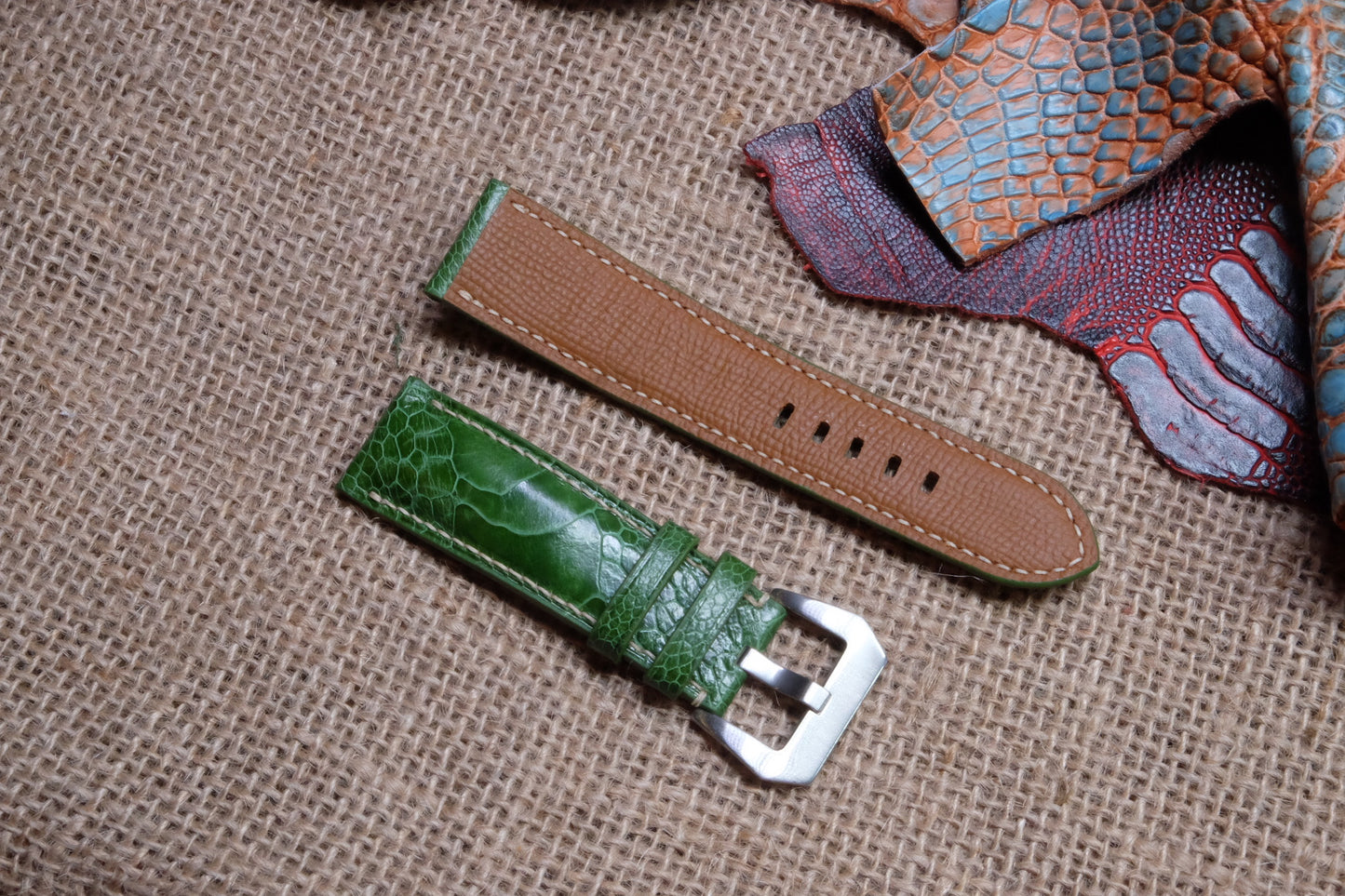 Dark green ostrich leg leather watch strap HDOL42