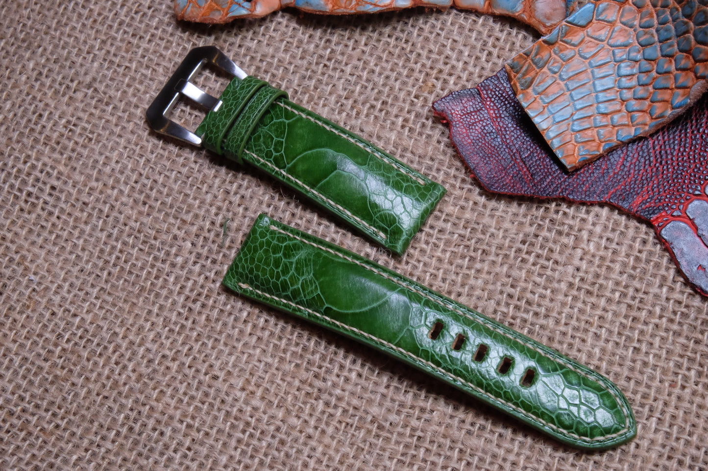 Dark green ostrich leg leather watch strap HDOL42