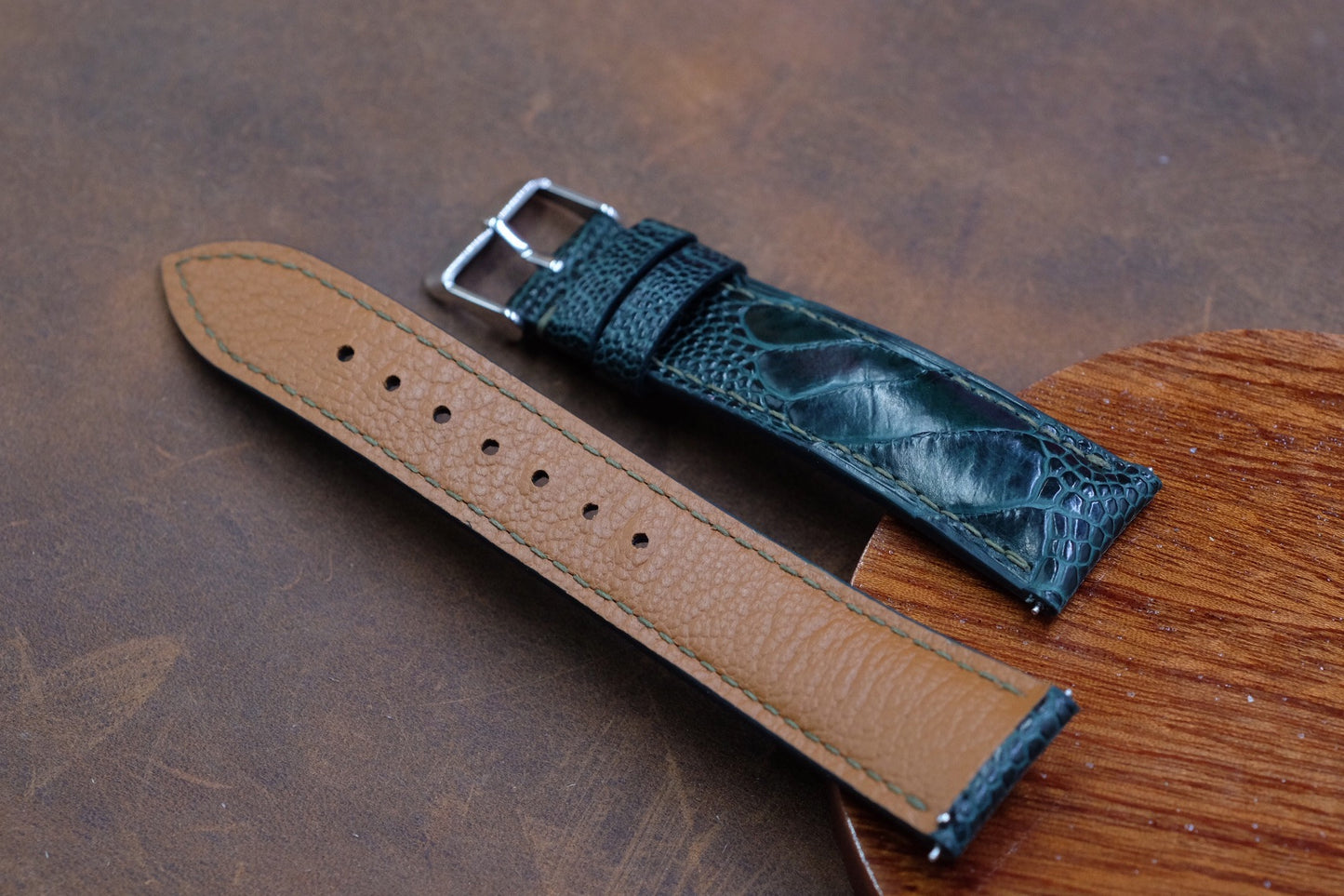 Dark green ostrich leg leather watch strap HDOL50