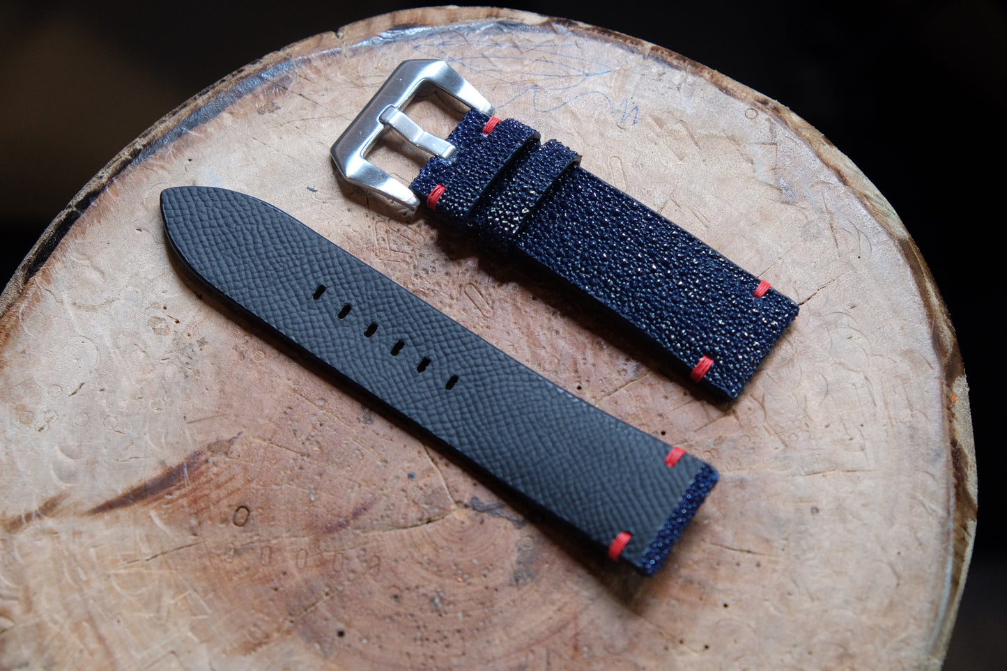 Dark navy blue no pearl stingray leather watch strap HDST106