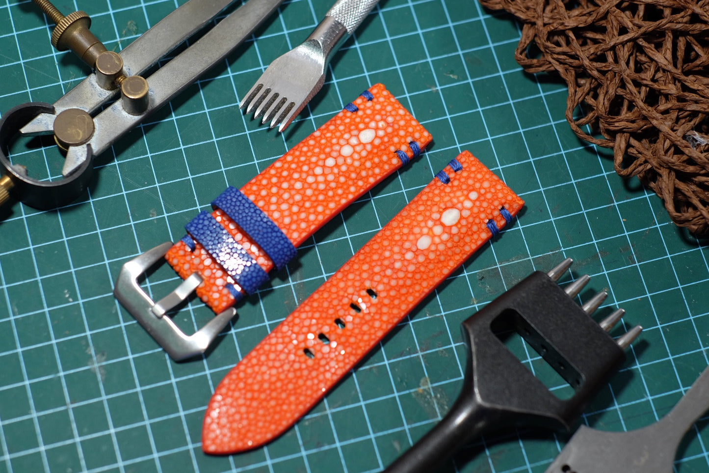 Double pearl Orange stingray watch strap HDST109