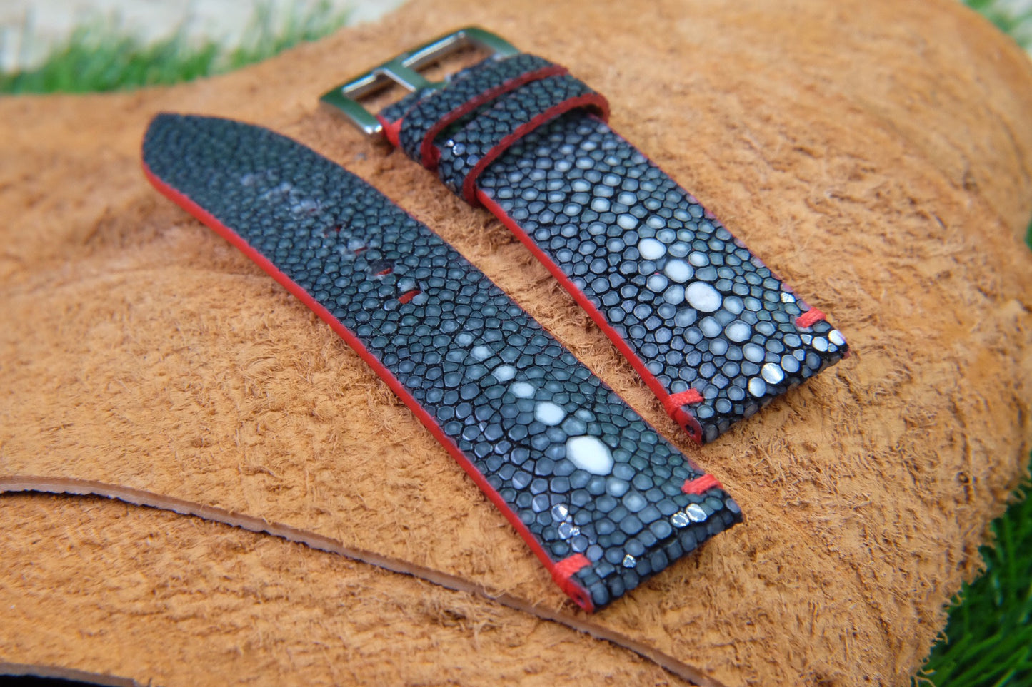 Double pearl black stingray leather watch strap HDST123