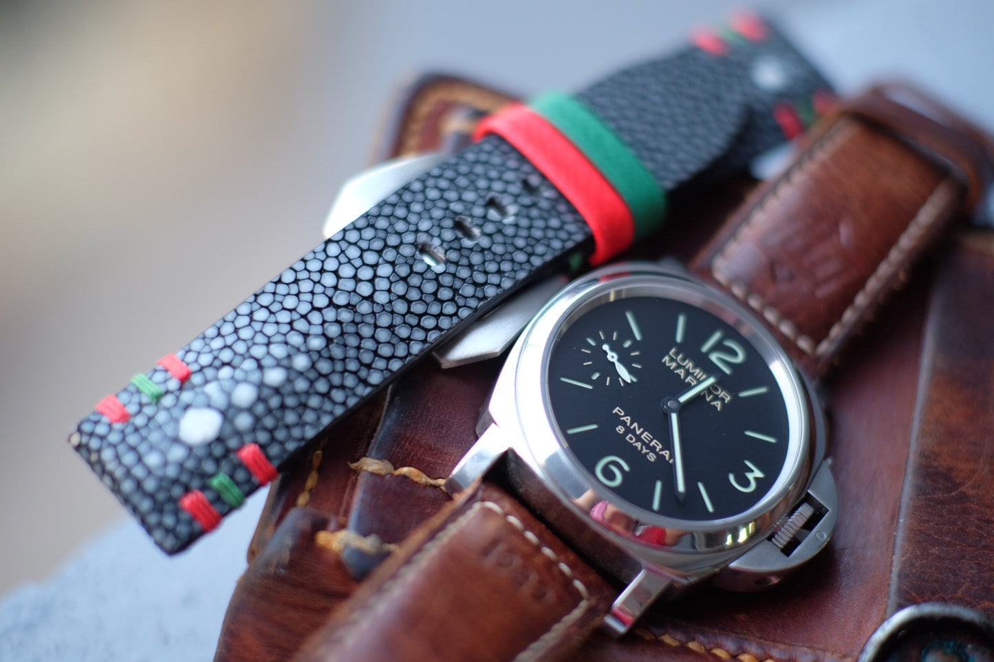 Double pearl black stingray watch strap HDST108