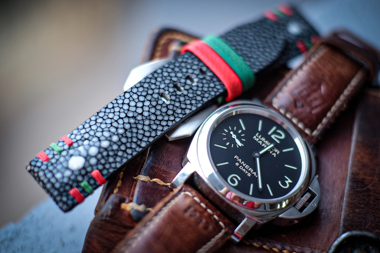 Double pearl black stingray watch strap HDST108