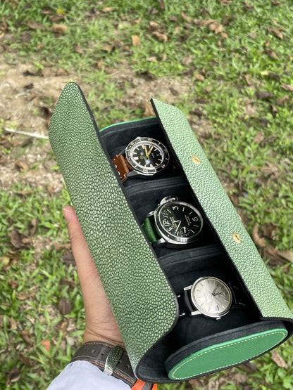 Green Stingray leather 3 watch roll HDWR06