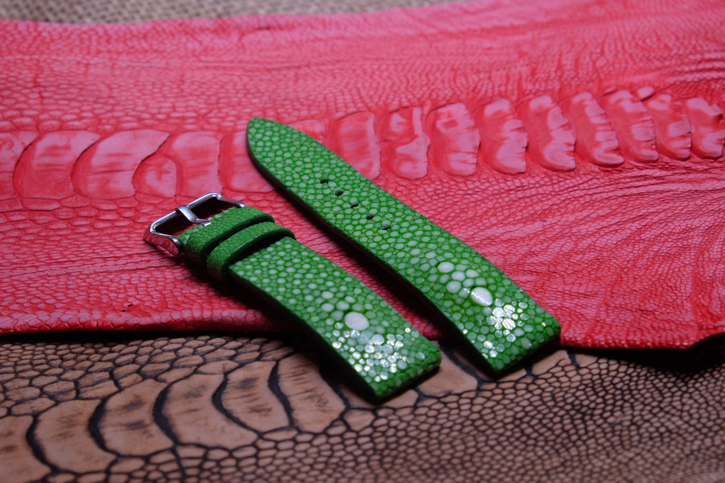 Green double pearl stingray leather watch strap HDST64