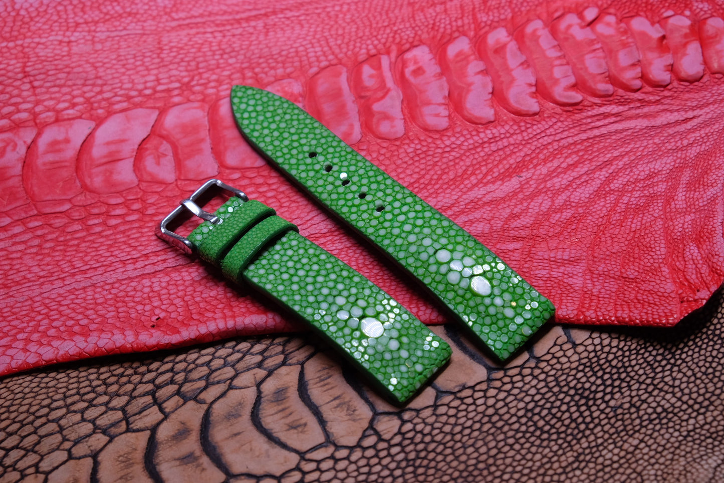 Green double pearl stingray leather watch strap HDST64