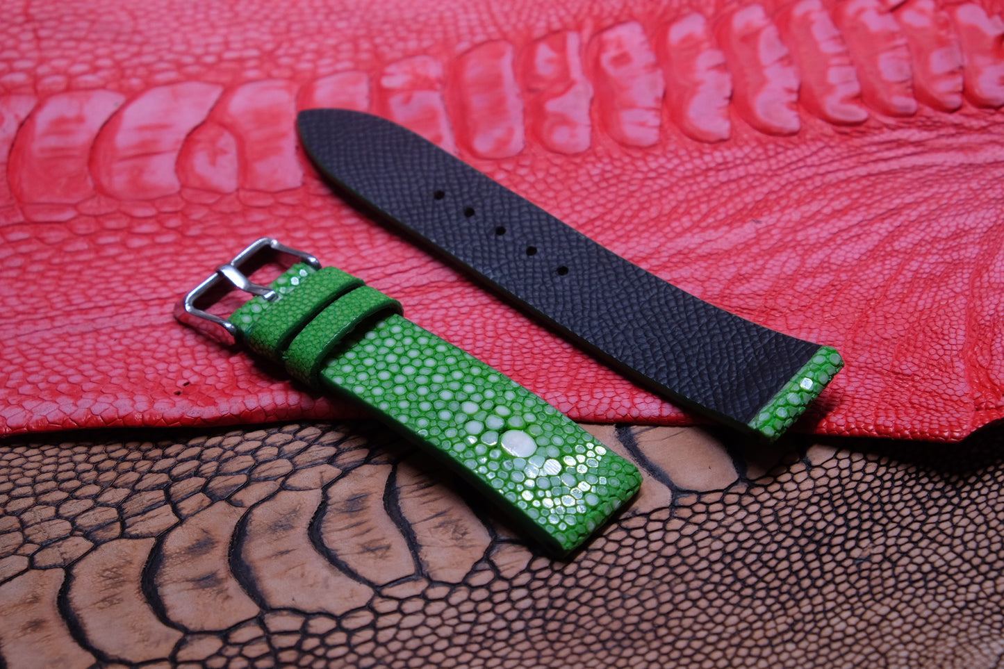 Green double pearl stingray leather watch strap HDST64