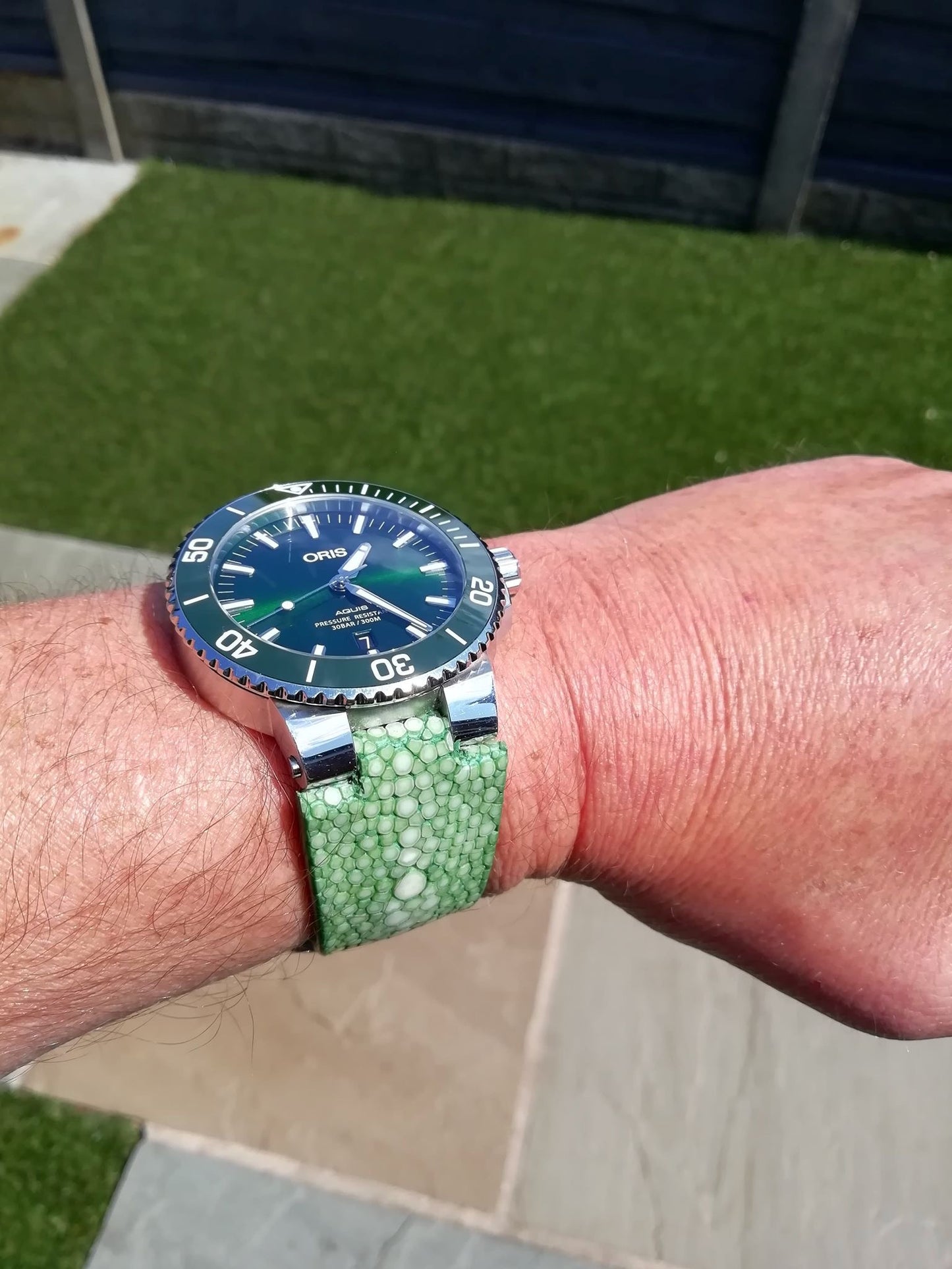 Green double pearl stingray strap for green Oris Aquis HDOR03