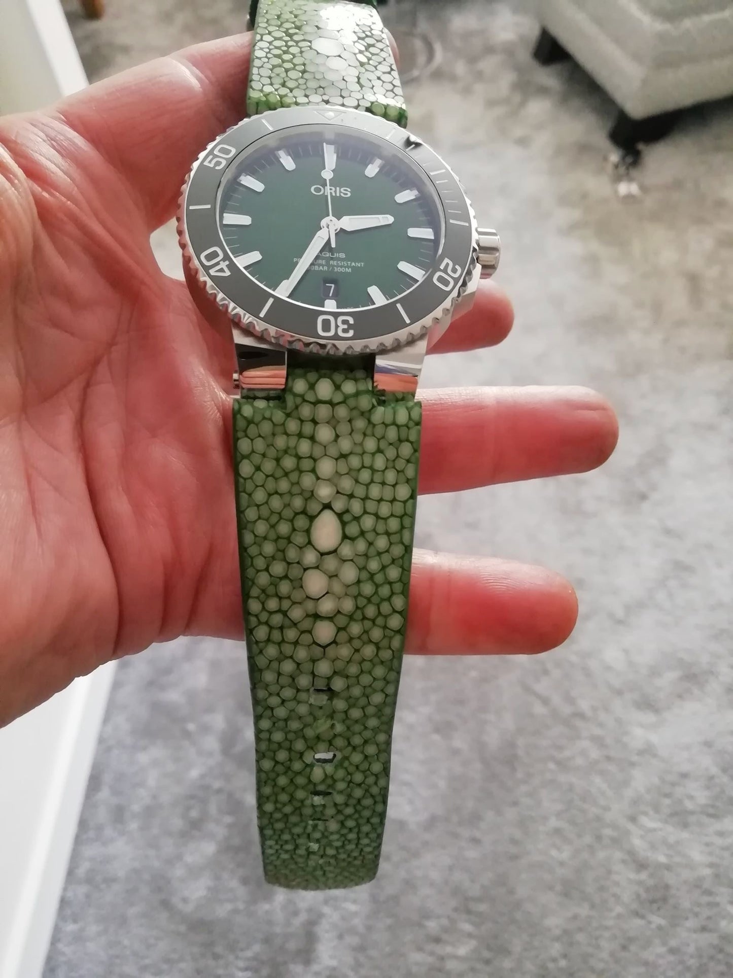 Green double pearl stingray strap for green Oris Aquis HDOR03