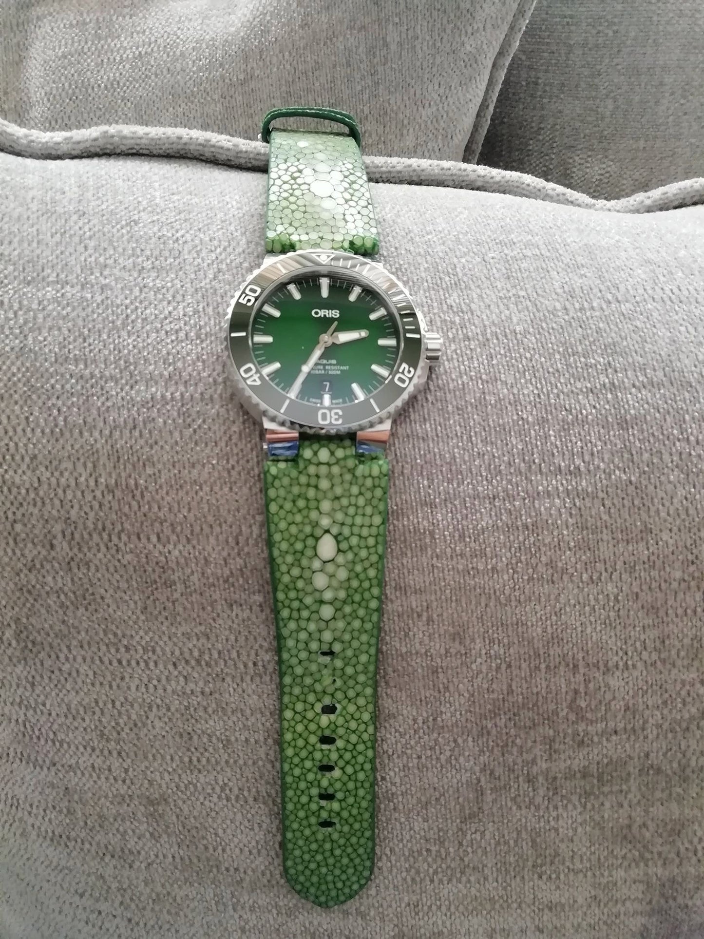 Green double pearl stingray strap for green Oris Aquis HDOR03