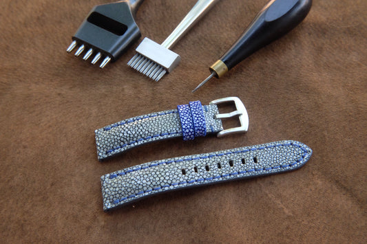 Grey no pearl stingray strap with full blue stitching HDST128