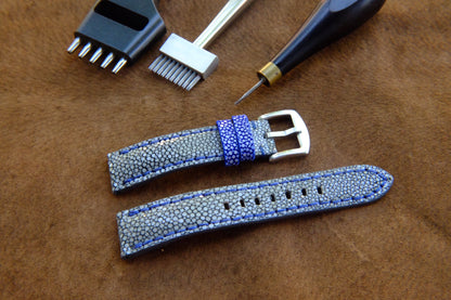 Grey no pearl stingray strap with full blue stitching HDST128